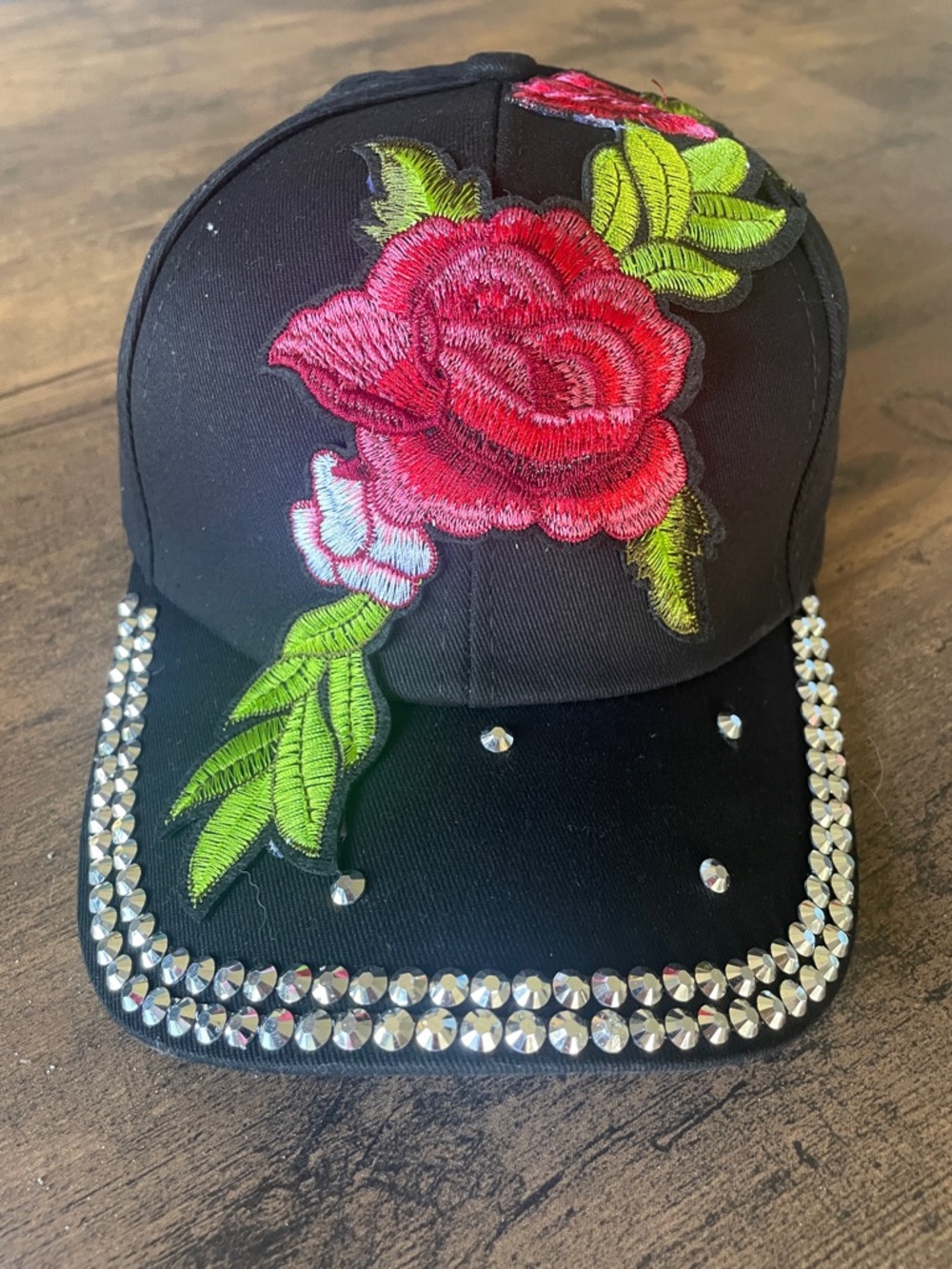 NWT Olivia & Kate Rhinestone Embellished Black Cap with Red Rose Embroidery
